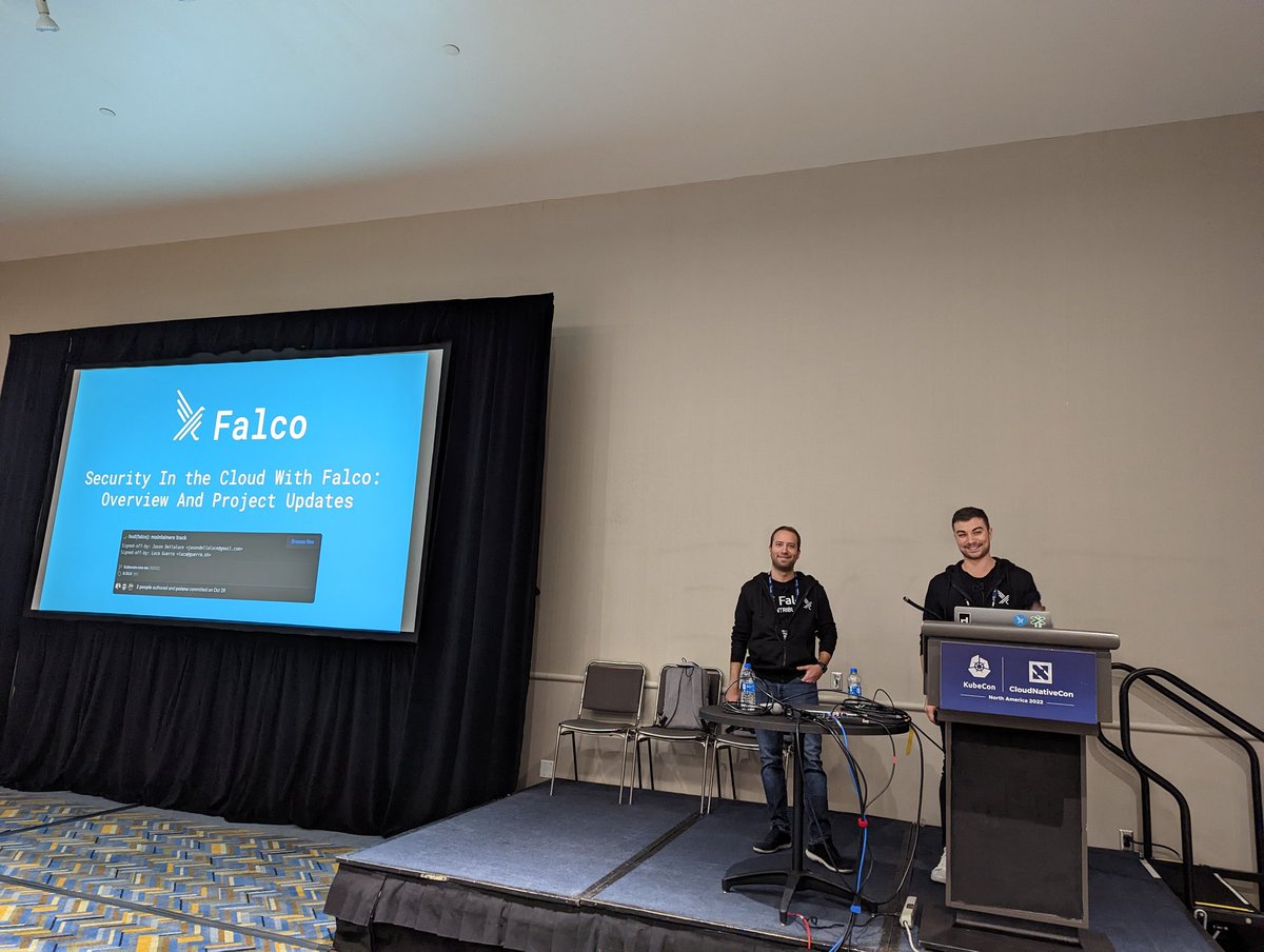 Luca &amp; Jason on the stage right now 🚀

<a href="/falco_org/">falcosecurity</a> maintainer track
#kubeconNA room 320

cc <a href="/CloudNativeFdn/">CNCF</a>