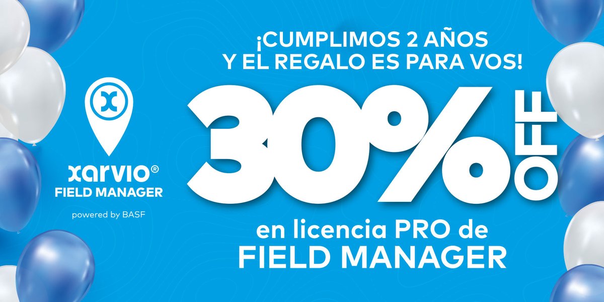 xarvioAR's tweet photo. 𝘅𝗮𝗿𝘃𝗶𝗼® 𝗔𝗿𝗴𝗲𝗻𝘁𝗶𝗻𝗮 - Cumplimos 2 años y el regalo es para vos. Hasta el 4/11 vas a poder adquirir la licencia 𝗣𝗥𝗢 𝗱𝗲 𝗙𝗜𝗘𝗟𝗗 𝗠𝗔𝗡𝗔𝗚𝗘𝗥 con un 𝟯𝟬% de descuento para que puedas sumarte a la #agriculturadigital #xarvio https://t.co/cM9zhEEevn https://t.co/RpX7VhlMKz