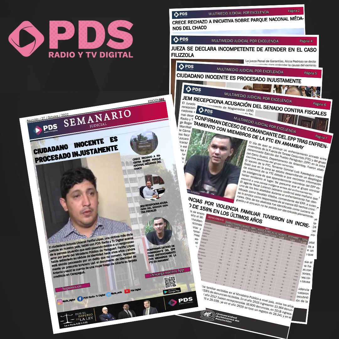 pds_radio's tweet photo. ¡Buenas tardes!🙌🏻
Compartimos la edición N° 1️⃣2️⃣ del #SemanarioJudicialPDS📖
👉🏻Solo haz click en el siguiente enlace 🔗https://t.co/UdFPa9KSbA
#PDS #PdsJudicial #PdsOnline https://t.co/WfsplplR4z