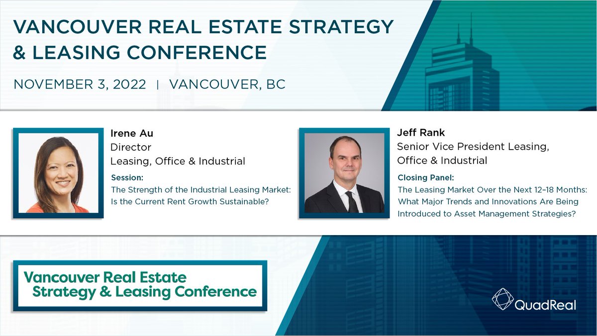 We look forward to attending @re_forums's Vancouver Real Estate Strategy & Leasing Conference on November 3rd! QuadReal's Irene Au, Director of Leasing and Jeff Rank, Senior Vice President, Leasing will be speaking. Register for the conference here : bit.ly/3DS5dnX