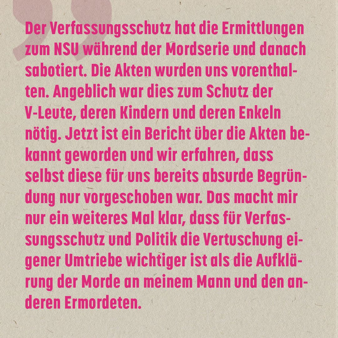 „Das macht mir nur ein weiteres Mal klar, dass für #Verfassungsschutz und Politik die Vertuschung eigener Umtriebe wichtiger ist als die Aufklärung der Morde.“ Elif Kubaşık, Witwe des am 4. April 2006 in Dortmund ermordeten Mehmet Kubaşık, über den #NSU-Geheimbericht. #pssst