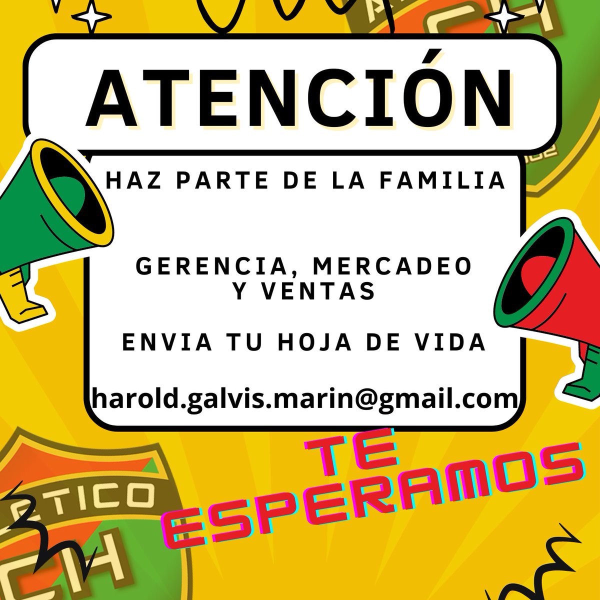 💯CHRICANOS
🚨ATENCIÓN🚨
¿Eres lo que buscamos en gerencia de mercadeo y ventas?
Entonces haz parte de la familia Atlético Chiriquí... Esperamos tu hoja de vida