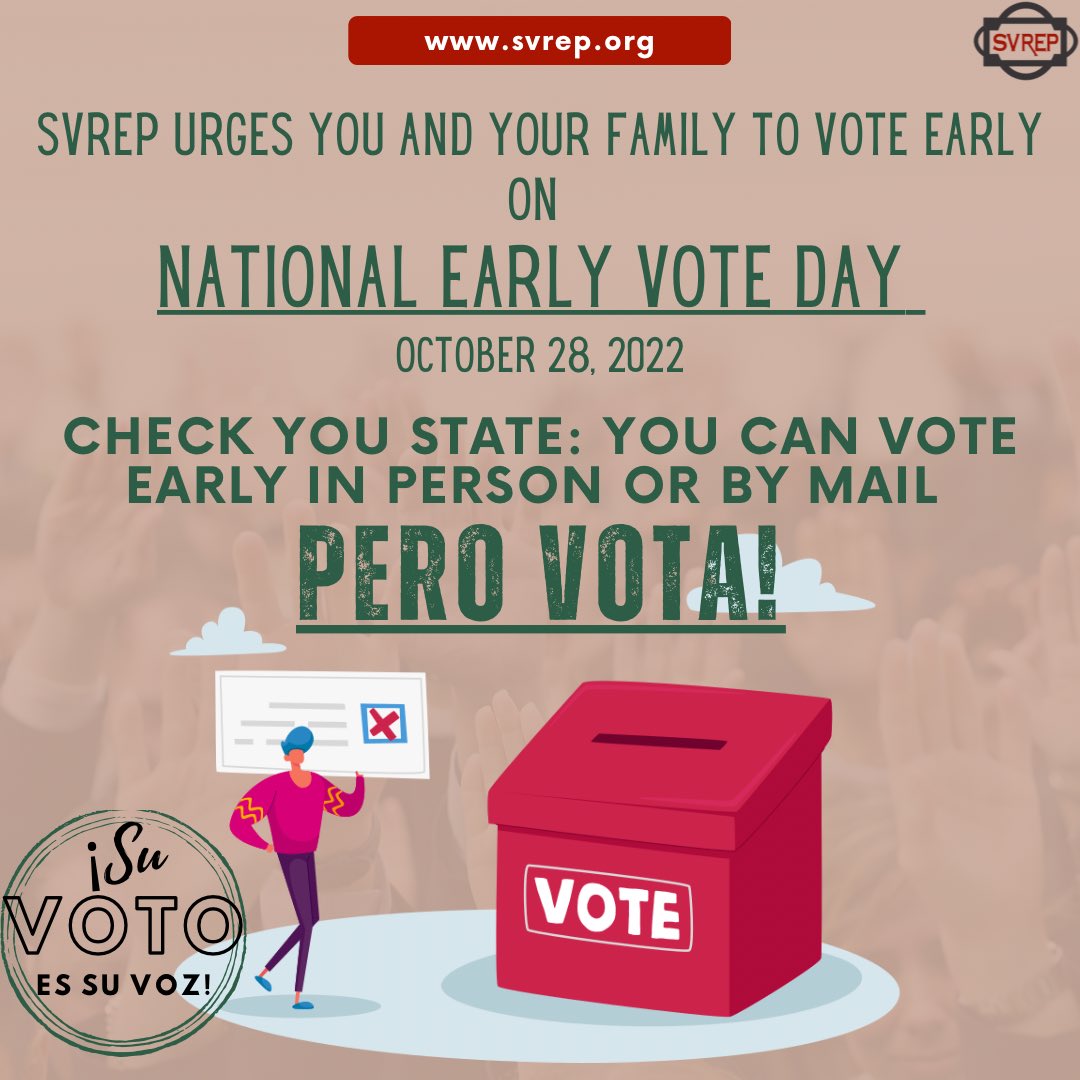 SuVotoEsSuVoz's tweet photo. Today is National Early Vote Day, head out to the polls or mail in your ballot depending on your state. Your vote matters. VOTA. #earlyvote #2022elections #latinovote #latinavote #svrep #votingrightsact #suvotoessuvoz https://t.co/oIgKkjZUaP