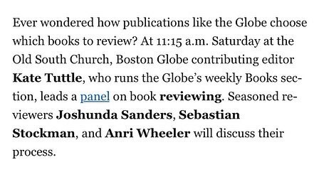Boston’s hottest club exists for one hour only, tomorrow morning at 11:15 am, as some other boldfaced names and I talk about book reviewing <a href="/bostonbookfest/">Boston Book Festival</a> #BBF2022

Come hear us talk about our process and what it means to be “seasoned” (spoiler: “old.”)