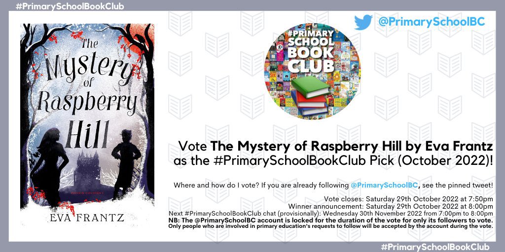 Now this is super exciting! The Mystery of Raspberry Hill has been included in the #PrimarySchoolBookClub October 2022 vote this evening! Head to @PrimarySchoolBC and vote for it using the pinned tweet! Pleeease! @PushkinPress