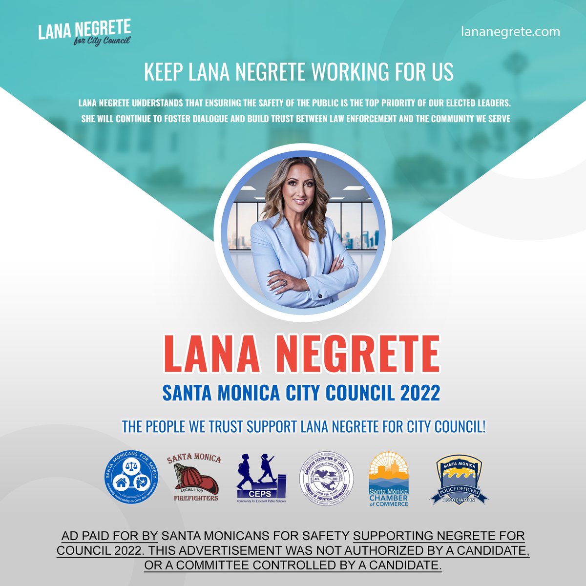 SMFSLanaNegrete's tweet photo. The only candidate backed by the 3 organizations that represent her platform. 

Lana stands to address &amp; support public safety, the homelessness crisis &amp; our economic recovery. 

Mail in ballots need to be postmarked by Nov 8th, go to https://t.co/pXtNVoya2H for details. https://t.co/tiHtODZuQE