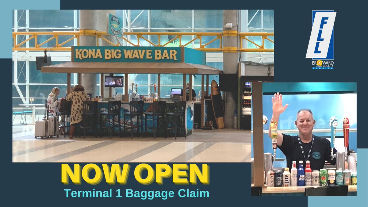 FLLFlyer's tweet photo. Surf's up, #FLLyers! The new @HMSHost Kona Big Wave Bar in Term. 1 is open &amp; quickly becoming a hit as a relaxing, pre-security hangout to sip a favorite drink before/after a flight. The new bar serves Hawaiian-inspired craft beers, other popular brews &amp; beverages. Stop by soon. https://t.co/jQbAlba9I6
