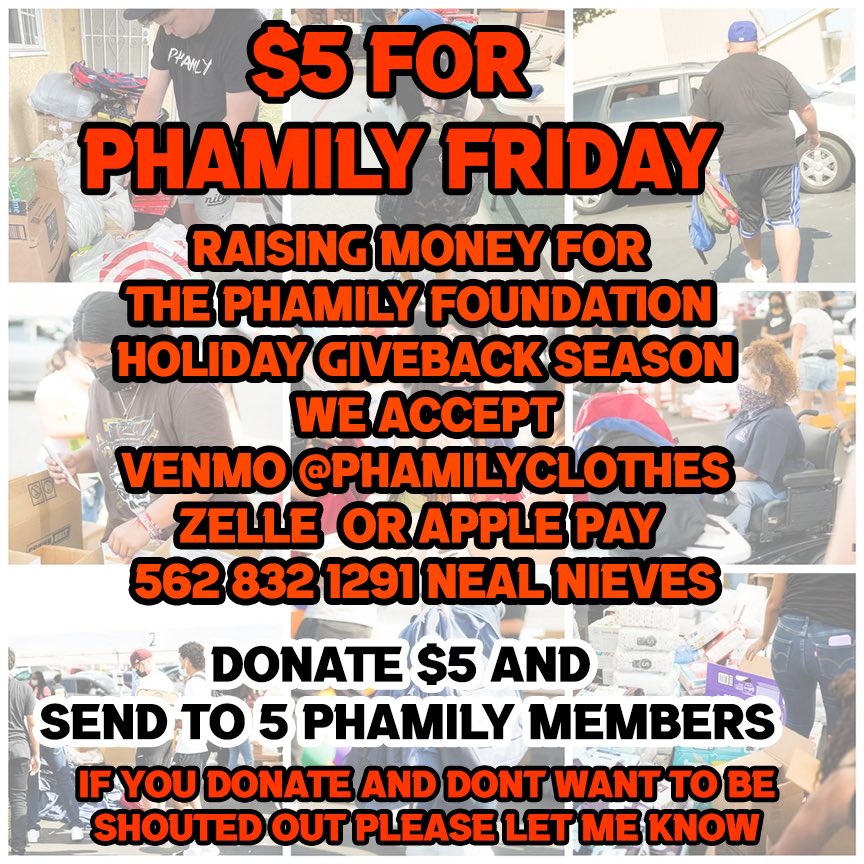 Looking to raise money for our turkey drive, looking for $5 dollar donations for PHAMILY Friday. After you donate please send to 5 Phamily members. Thank you.