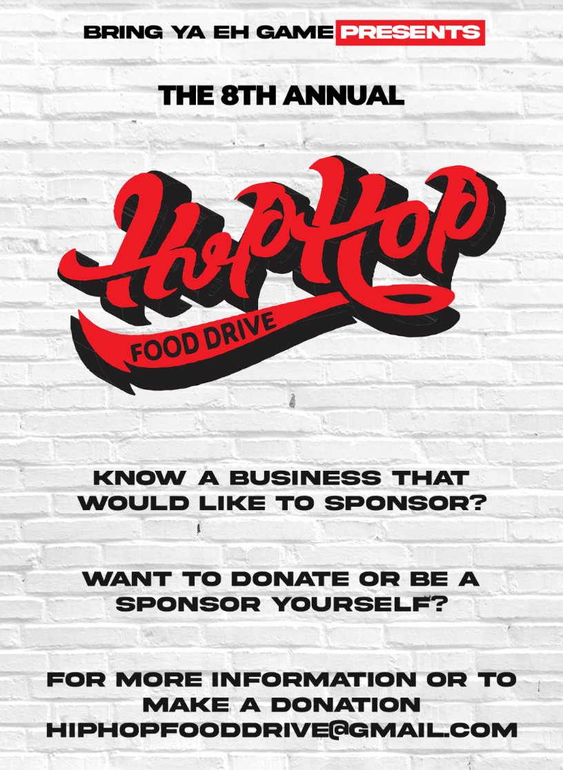 Let's go! The 8th Annual Hip Hop Food Drive is happening in 8 cities December 11th to 18th. If you want to help support your community and have your business sponsor the food drive send an email to hiphopfooddrive@gmail.com today for more information or to make a donation.