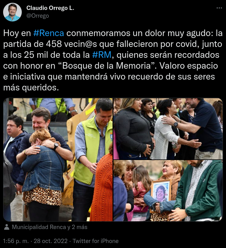 Luchostein's tweet image. #CovidFail @orrego @cn_castro @Muni_Renca
Conmemoran 458 muertos #Covid19 en #Renca organizando evento masivo sin distanciamiento ni mascarilla en #RM con &amp;gt;20% de positividad
El próximo año, los más pobres tendrán todavía más muertos para conmemorar gracias al Gobernador Regional