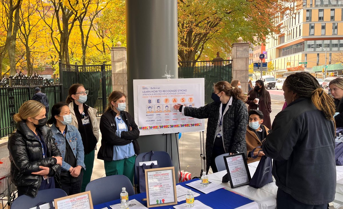 BellevueHosp's tweet photo. Bellevue's Comprehensive Stroke Center recognized #WorldStrokeDay by educating visitors &amp; staff about the benefits of acting F.A.S.T. when seeing signs of a stroke. Face drooping, Arm weakness, Speech difficulties, Time to call 911. For more info: https://t.co/uTecMIfqzH https://t.co/W10ASIXeJQ