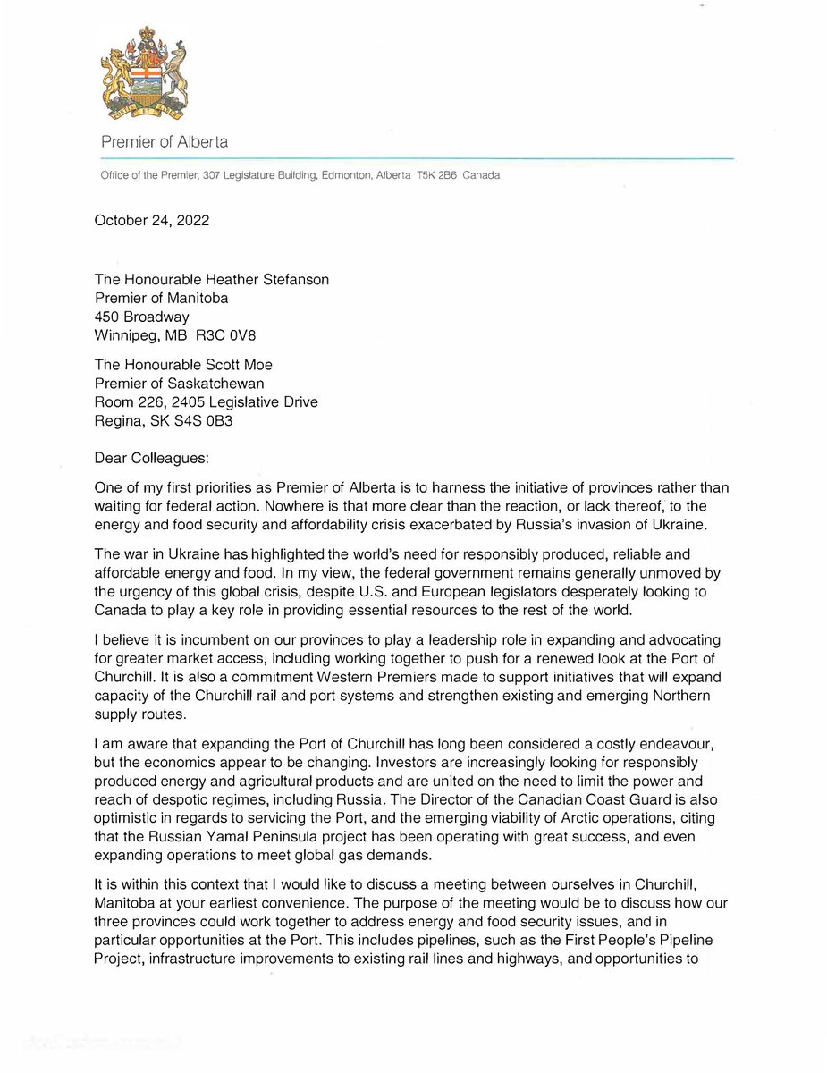 ABDanielleSmith's tweet photo. This week I sent a letter to Saskatchewan's @PremierScottMoe &amp; Manitoba's Premier @HStefansonMB highlighting our shared interests as prairie provinces, including the creation of new economic corridors.
#cdnpoli https://t.co/Qnb6O1lmiC