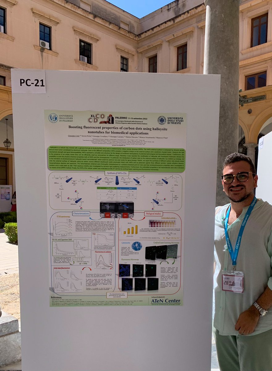 I’m happy to have shown my master's thesis project during the poster session of the #CDCO2022 congress of @SCIorganica in Palermo, and that it aroused so much interest and curiosity. 
#sciorganica #postersession #cdco2022 #halloysite #carbondots #Palermo