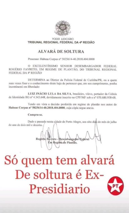 Bonaro_Brasil's tweet photo. O LULA É UM EX PRESIDIÁRIO SIM, CUMPRIU PENA E TEVE UM ALVARÁ DE SOLTURA PROVISSÓRIO.
O STF TER DESCONDENADO UM ELEMENTO NÃO MUDA OS FATOS DE QUE O LADRÃO FOI JULGADO EM VÁRIAS INSTANCIAS, POR COLEGIADO, PRESO, CUMPRIU PENA E FOI SOLTO, ISSO NÃO MUDA NEM QUE LULA MORRA. https://t.co/bEWcUZJQd7