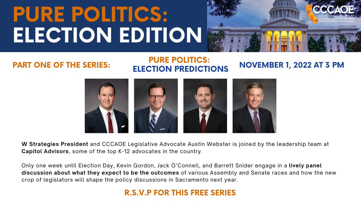 The first of the two-part series, Pure Politics: Election Edition is Tuesday, November 1 @ 3:00 pm. We will NOT be recording the conversation - a candid discussion.
Make sure to R.S.V.P for this free series for ALL. 
Learn more: conta.cc/3Fs5tLf

#educationadvocacy