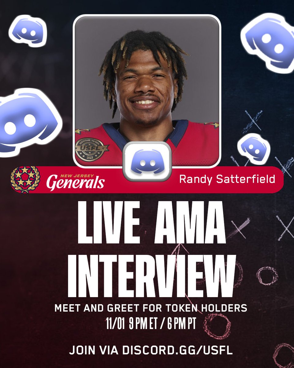 SsportsGenius's tweet image. Very excited to share that @USFLGenerals WR @Rando401 Randy Satterfield will be our guest on our USFL Discord AMA on Tuesday night 11/1 at 9est. 

You're missing out if you haven't seen our shows. 

Discord.gg/usfl 

#USFLNETWORK