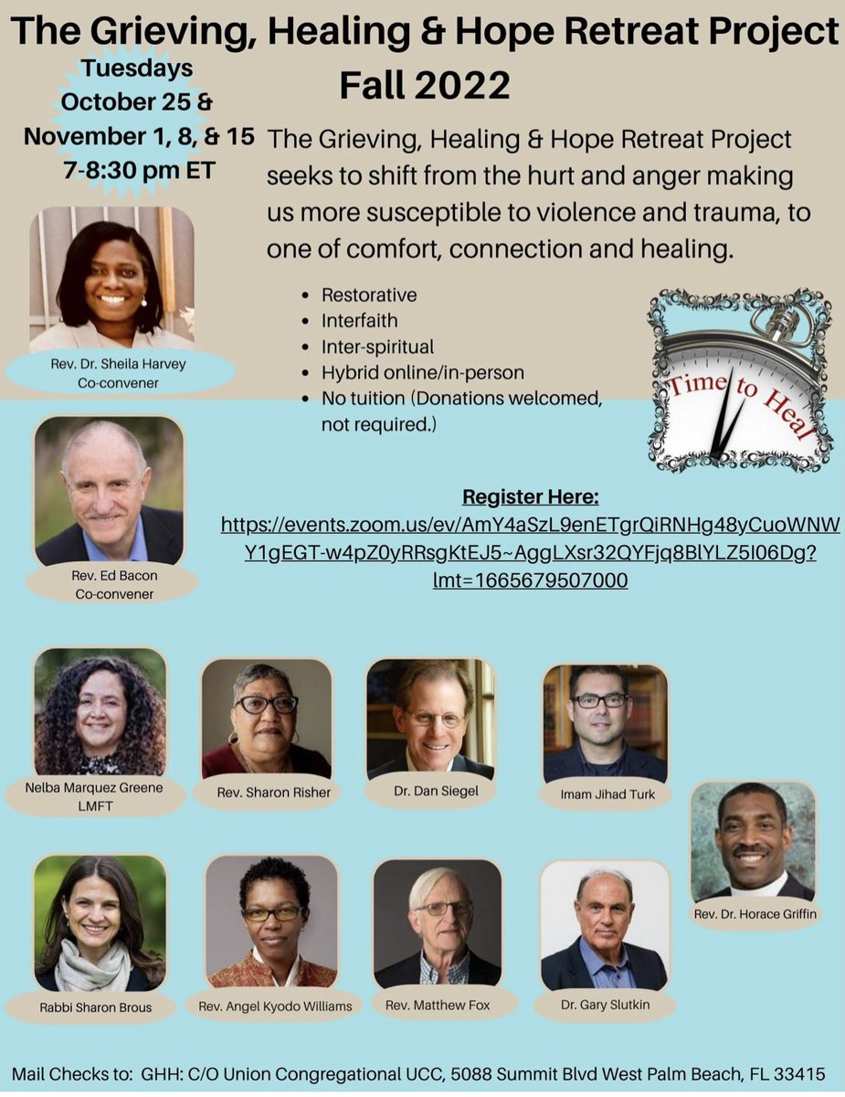 Grief Care. 5 inspiring leaders share about grief from their traditions this Tues night Nov 1 Roshi Rev. angel Kyodo williams, Rabbi Sharon Brous, Pastor John Vaughn, Imam Jihad Turk, Fr Matthew Fox. Register here events.zoom.us/ev/AmY4aSzL9en…