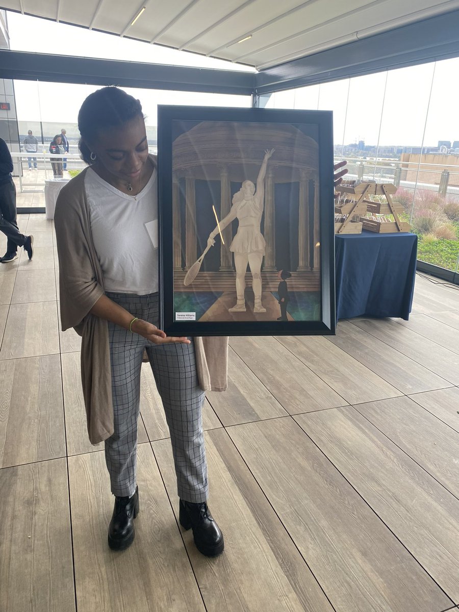 FatouSadio's tweet photo. The artist with her art! If only we could have gotten a shot of @notafan_jo showing @alexisohanian her original work of @serenawilliams & Olympia to him. So happy @JessicaBerman1 gave this incredible opportunity for Jo to show her work today. #ScoreMoreForTitleIX #nwsl https://t.co/lvSPuYYB6W