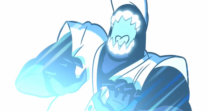 This was my fav part to do-  was like, "yknow when someone gets blasted by blue/white light in DBZ and they crumble?" and I said "yes absolutely" and designed a three-part transition, from being washed out to blasted and obliterated. 