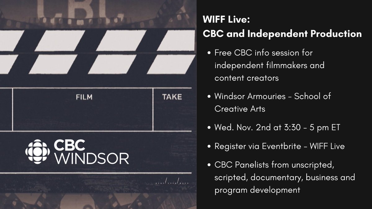 CBCWindsor's tweet image. CBC will be at WIFF! Come learn what CBC is looking for in pitches from emerging filmmakers in the Windsor-Essex area. Event details and registration: eventbrite.ca/e/wiff-live-cb… @WindsorFilmFest #WIFF22