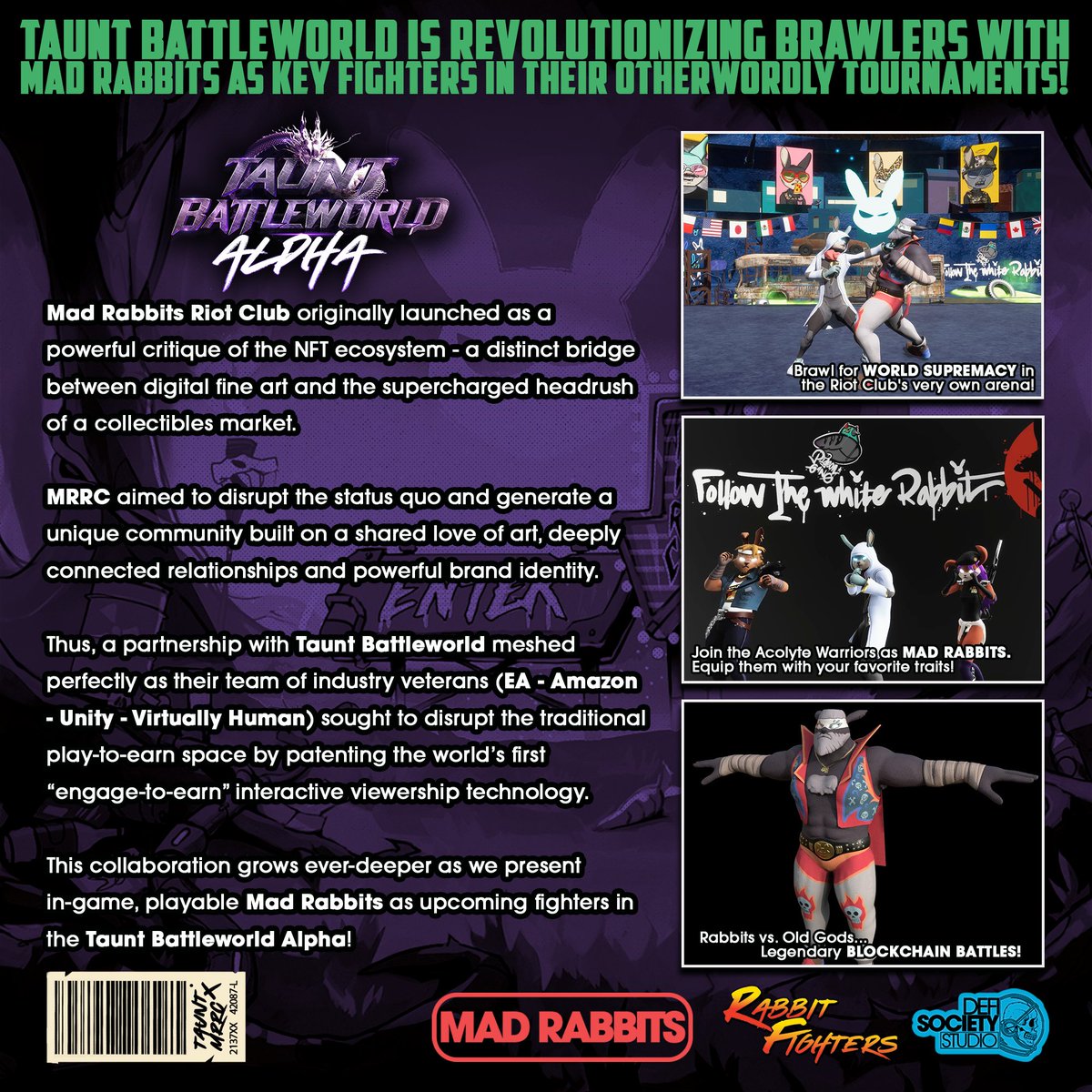 We have partnered with <a href="/MadRabbitsRC/">Mad Rabbits Riot Club 🥕</a> to integrate their #NFTs into our Battleworld!🐰

You'll soon be able to play using one of 4 Rabbit skins as you fight it out in The Arena!⚔️🩸

Turn on your🔔's for the full-character reveals!👀