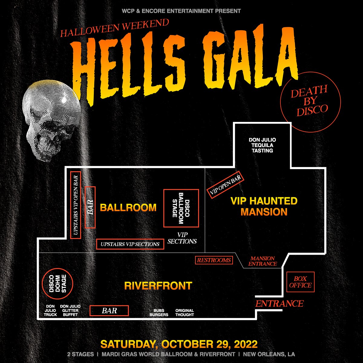 explore the depths of disco hell at hell’s gala, 2 stages + food + roaming performers + haunted mansion + more 🪩 a few tix left, see you there 😈