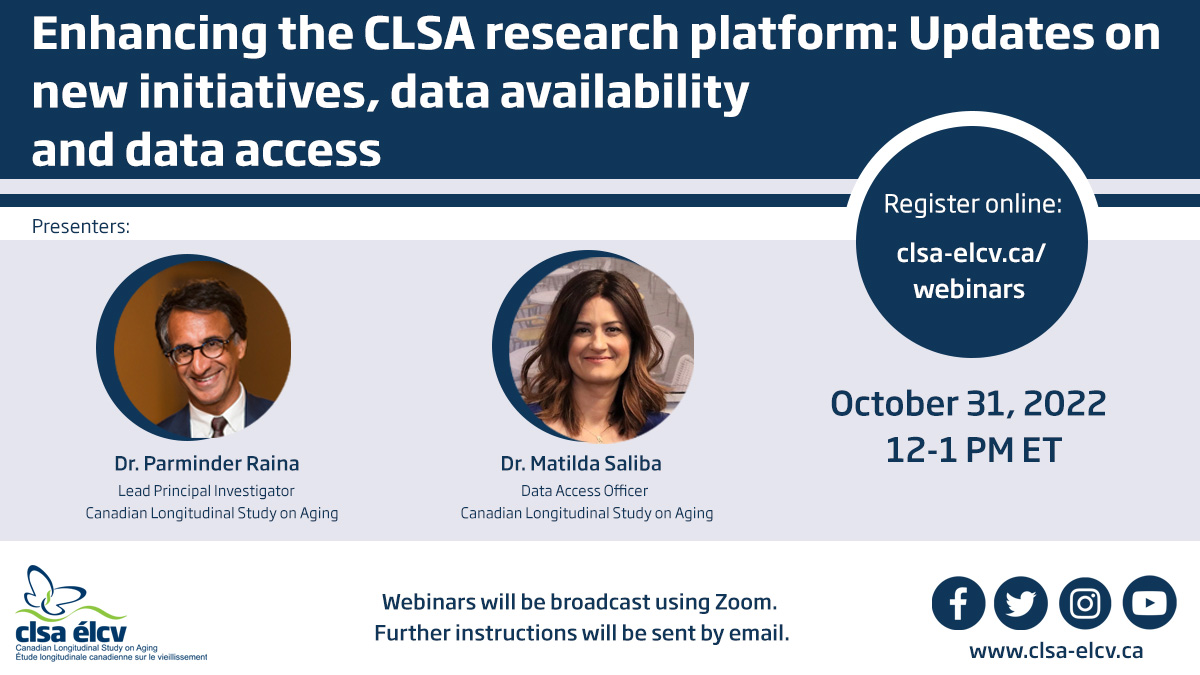 🎃Join us this Monday, October 31 at noon for the next CLSA webinar on...the CLSA! Are you interested in the ins & outs of accessing the CLSA research platform? Join us for this overview, including new Follow-up 3 measures & platform enhancements. Register ow.ly/z7XJ50Lompo