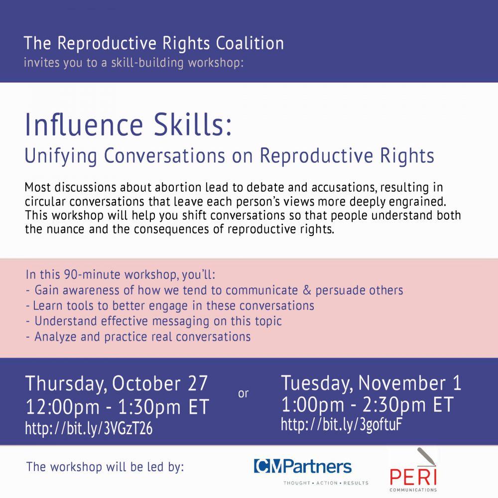 #WomeninMedicine - 2nd offering -- Nov. 1, 1-2:30 pm ET -- Workshop on Influence Skills: Unifying Conversations Around #ReproductiveRights Register: bit.ly/3goftuF Feel more confident & have more success navigating difficult conversations. #MedTwitter #RoeVWade