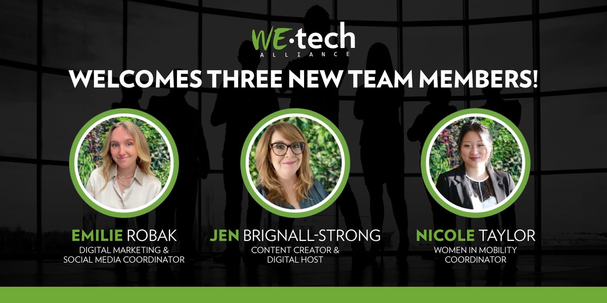 We're pleased to officially welcome our 3 newest team members!

➡️ <a href="/emilieadele/">emilie</a> - #DigitalMarketing &amp; #SocialMedia Coordinator

➡️ <a href="/JenBStrong/">Jen Brignall-Strong</a> - #ContentCreator &amp; Digital Host

➡️ Nicole Taylor - #WomenInMobility Coordinator

Learn more: wetech-alliance.com/our-team