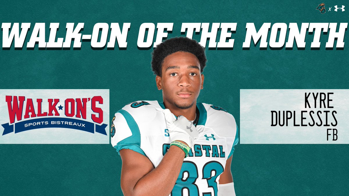 Coastal Carolina Athletics (@goccusports) on Twitter photo The first <a href="/walk_ons/">Walk-On's Sports Bistreaux</a> Walk-On of the Month is <a href="/CoastalFootball/">Coastal Football</a>'s Kyre Duplessis (<a href="/yeakyre5/">Kyre Duplessis</a>)!
Visit Walk-On's Sports Bistreaux in Myrtle Beach) for lunch, and dinner any day, and our Coach Chadwell Radio Show on Wednesdays! The first <a href="/walk_ons/">Walk-On's Sports Bistreaux</a> Walk-On of the Month is <a href="/CoastalFootball/">Coastal Football</a>'s Kyre Duplessis (<a href="/yeakyre5/">Kyre Duplessis</a>)!
Visit Walk-On's Sports Bistreaux in Myrtle Beach) for lunch, and dinner any day, and our Coach Chadwell Radio Show on Wednesdays!