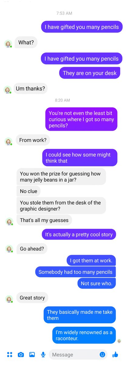 I left a bunch of pencils for my wife but forgot to tell her before I left this morning. And it was a BUNCH of pencils... boxes of ten... like, more than a hundred light green Staedtlers.  I didn't want to just landmine her workspace, so I thought it was best to try and explain.