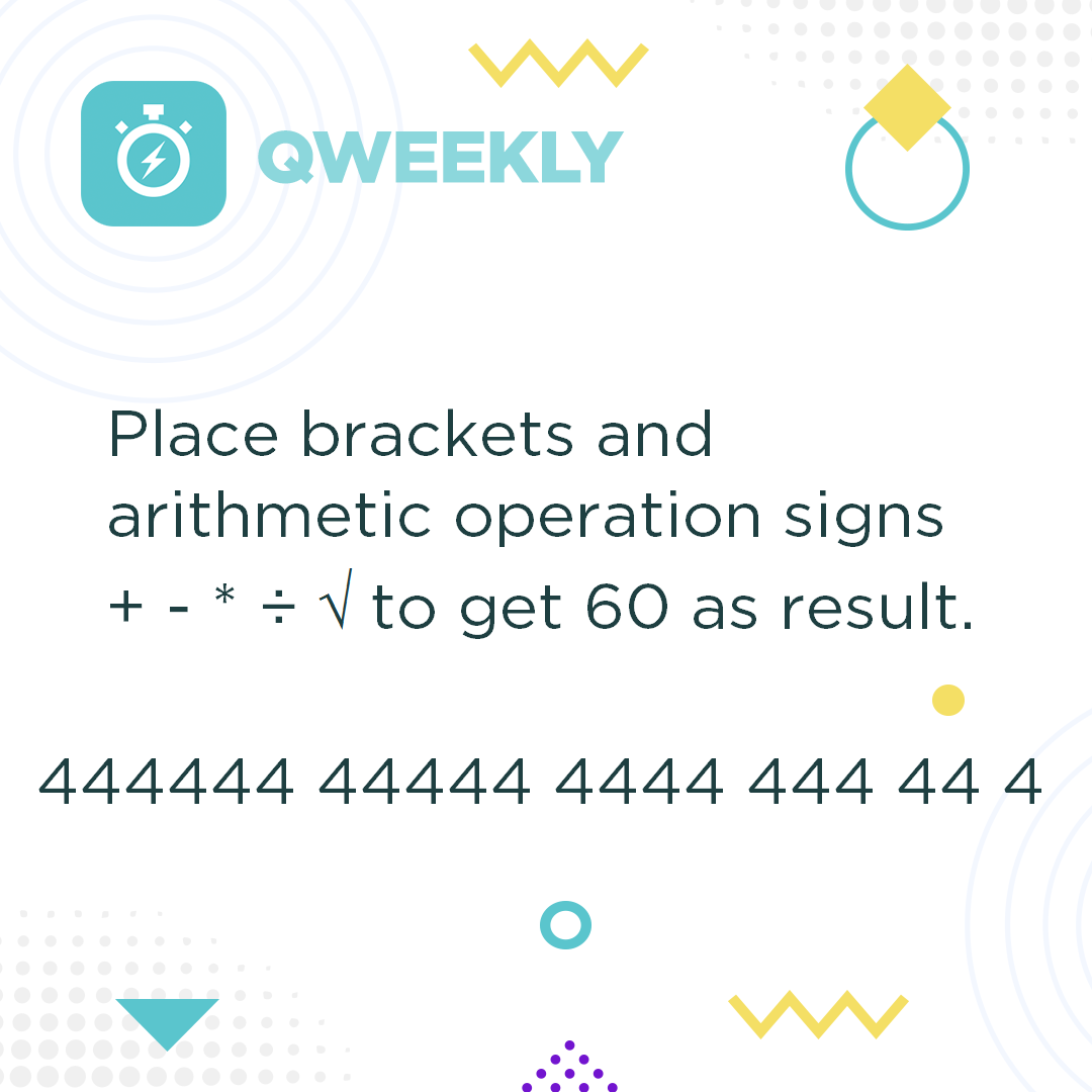 euclidea_app's tweet photo. #Qweekly_21
Place brackets and arithmetic operation signs (+ - * ÷ and √) to make the equation true
444444 44444 4444 444 44 4 = 60

Operations and brackets may be used more than once.

✅ Leave your answer in the comments.

#qweekly #maths #mathedu #geometry #euclidea https://t.co/pVfL8R1xAf
