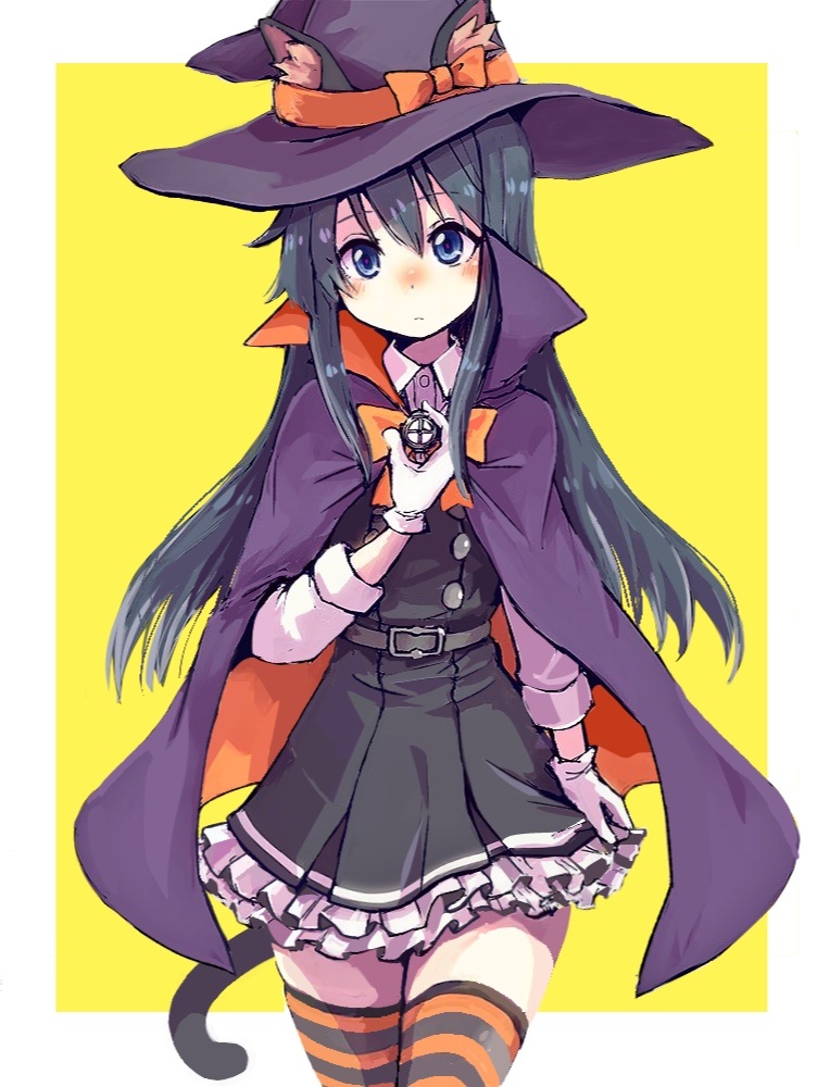 asashio (kancolle) ,asashio kai ni (kancolle) 1girl long hair solo animal ears hat black hair witch hat  illustration images