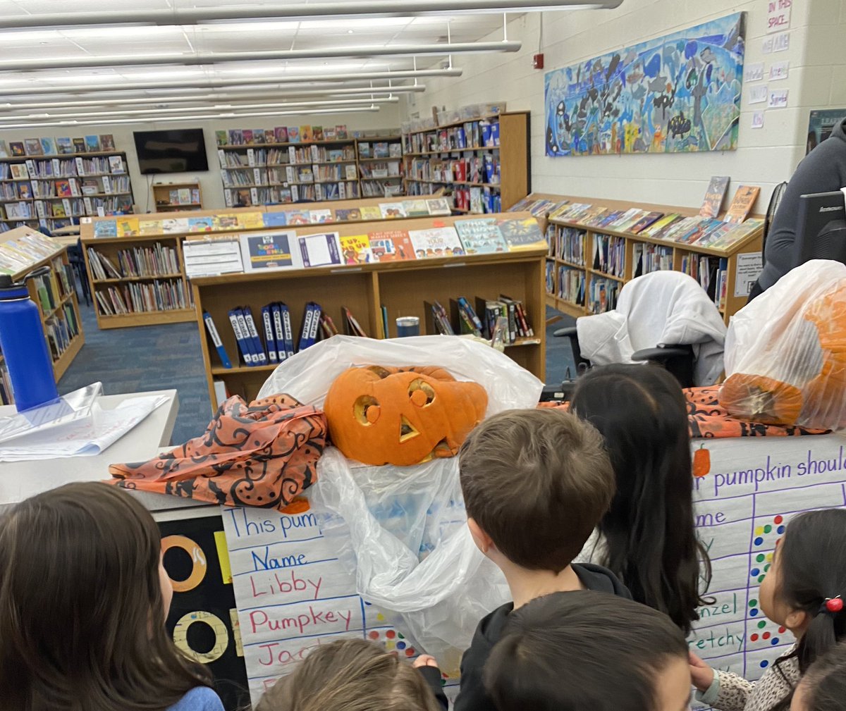 WilshireLibrary's tweet photo. Someone 🎃 didn’t want to hang around till Halloween! Our student scientists made some very astute observations & wonderings about why our #LibraryPumpkins didn’t last, but the line of the day has got to be “we can’t see its mouth because it’s on the floor 😂 #PumpkinInquiry https://t.co/HSIoAXE7fP
