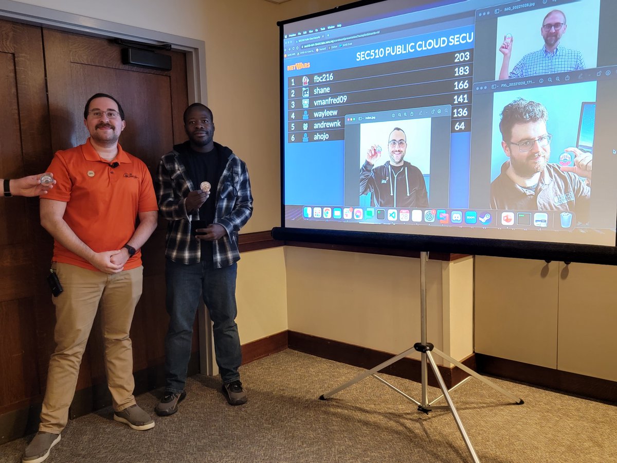 Congratulations to <a href="/0x0fbc/">fbc</a>, @akaBeakman, Vincenzo Manfredi, Will Waylee, and Andrew Kimball for winning the <a href="/SANSInstitute/">SANS Institute</a> #SEC510 challenge coin at <a href="/Penn/">Penn</a>! I love Hybrid events and how <a href="/Zoom/">Zoom</a> makes them so easy! <a href="/SANSCloudSec/">SANS Cloud Security</a> #UPenn #GoPhillies #Standards #NedFlanders