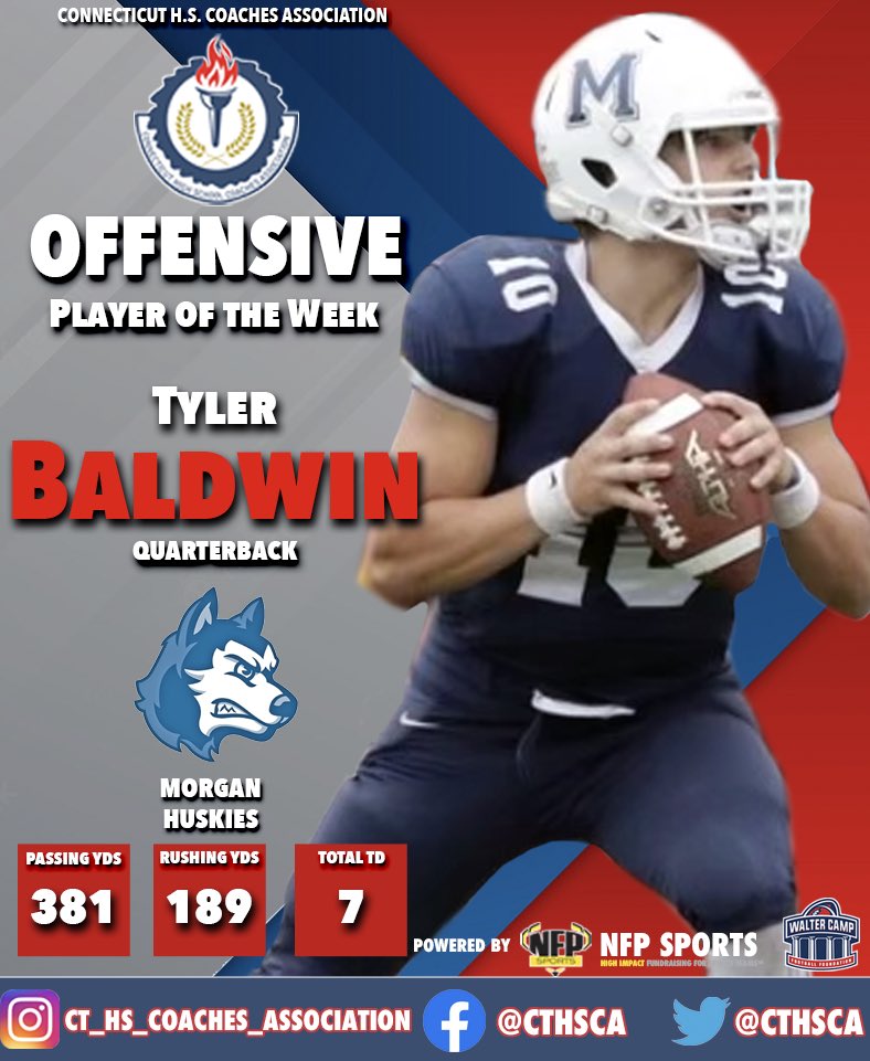 CTHSCA's tweet photo. The CHSCA is proud to announce the CT H.S. FB Players of the Week for Week 7! Congrats to Offensive POW: Tyler Baldwin (QB), Morgan &amp; Defensive POW, Nick Cuomo (DE), Oxford #cthsfb @MorganFootball1 @FootballPequot #OxfordFootball @NVLFootballNews @NFP_CTEast @NFP_CTWest https://t.co/TZQj4TlaDt