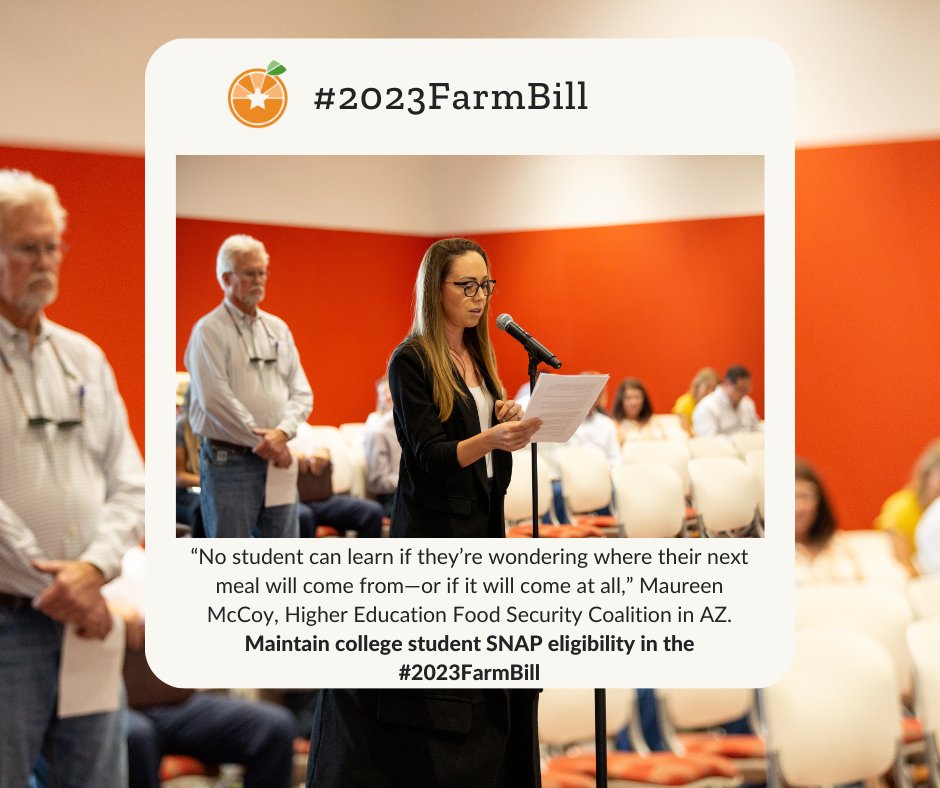 “No student can learn if they’re wondering where their next meal will come from—or if it will come at all,” Maureen McCoy, Higher Education Food Security Coalition in AZ. Maintain college student SNAP eligibility in the #2023FarmBill.