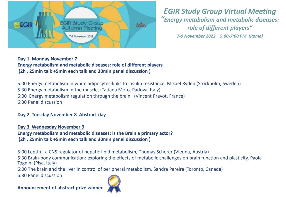 EGIR_StudyGrp's tweet photo. Don't miss our autumn online meeting on Nov 7-9 5-7 PM CET!
“Energy metabolism and metabolic diseases”

More informations and free registration at https://t.co/vSKcyTRjp1
#metabolism #insulinresistance 
@EASDelearning https://t.co/rq3B8TCOpo