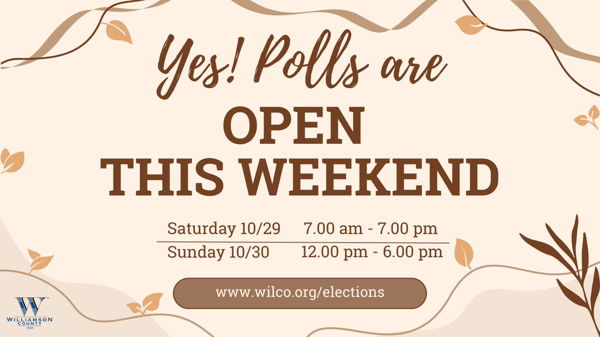 WilcoElections's tweet photo. 🍂 Do you work long hours M-F? Or are you just looking for some fun weekend activities? We want you to know we are here for you this weekend! Polls will be open 7a-7p on Saturday and 12p-6p on Sunday. Come on out and #Vote! Locations and wait times at https://t.co/ncv9eJDmnC 🍁 https://t.co/rqhgIQRIQI