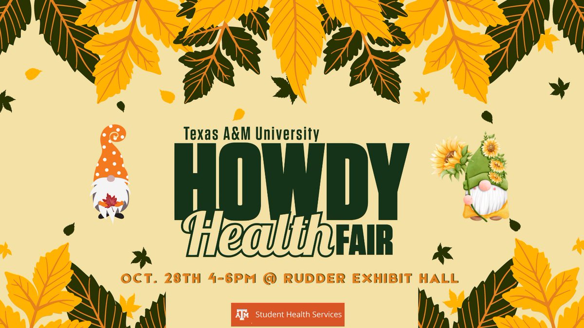 tamuUHS's tweet photo. Howdy Health Fair is 1 hour away! Stop by RUDDER EXHIBIT HALL from 4-6pm for games, snacks and free shirts! #howdyhealthfair #fallintohealth @TAMU @TAMU_CAPS @RecSports @TAMU_HP https://t.co/ndrc8J0X9k