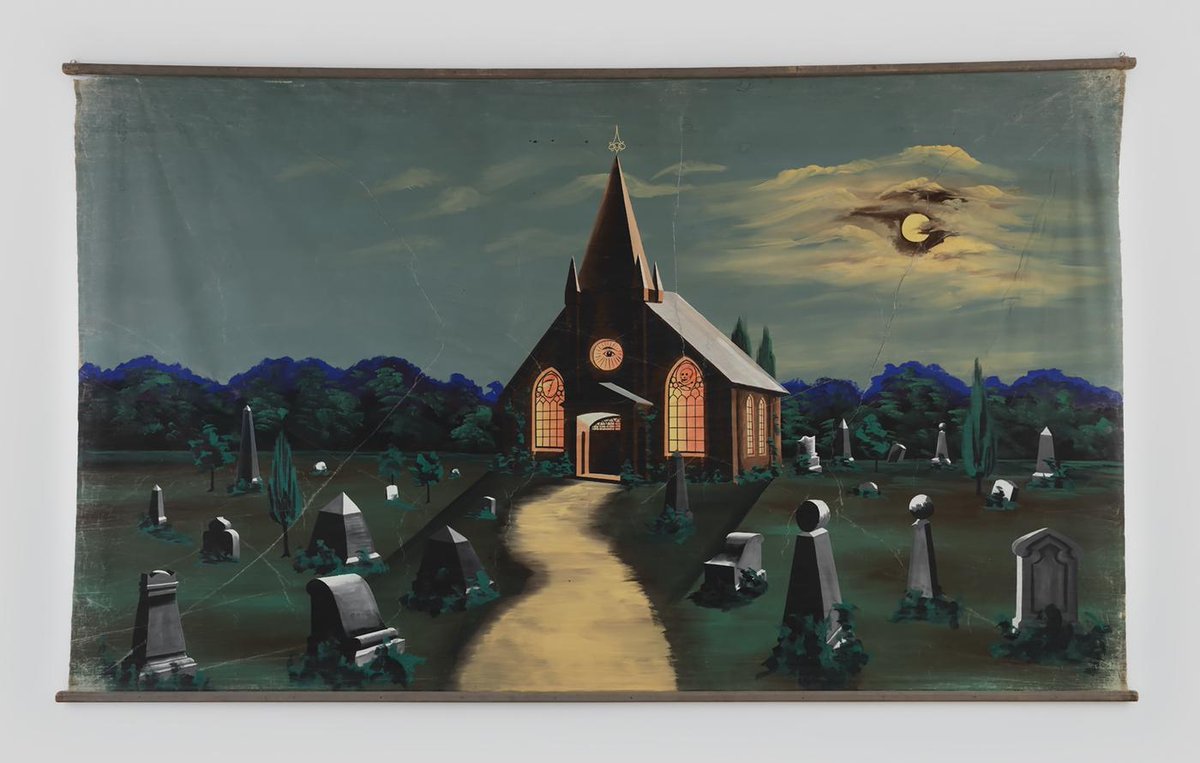 FolkArtMuseum's tweet photo. Heading into Halloween weekend with this graveyard painting from the AFAM collection 🪦 👻 🎃 https://t.co/WpiZUzZC2e
