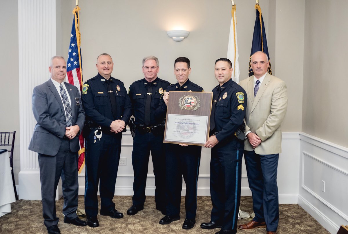 WestwoodPD's tweet photo. Dedicated to Ofc William Sheehan (EOW 2/11/1975), the men &amp; women of the Westwood PD, &amp; to our  residents &amp; town officials in @TownofWestwood Lts Vinci &amp; Sheehy, Chief Silva &amp; Sgt DiLalla receiving our Massachusetts Accreditation Certification #ProudToServe #CommittedToService https://t.co/eHksVweWvy
