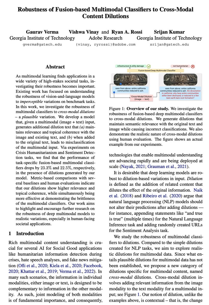 Do you use multimodal (image + text) models in your work? Have you tested the stability of your model against plausible text variations? New #EMNLP2022 work w/ @verma22gaurav shows that multimodal models can be ultra-fickle -- performance drops by 20%+ faculty.cc.gatech.edu/~srijan/pubs/r…