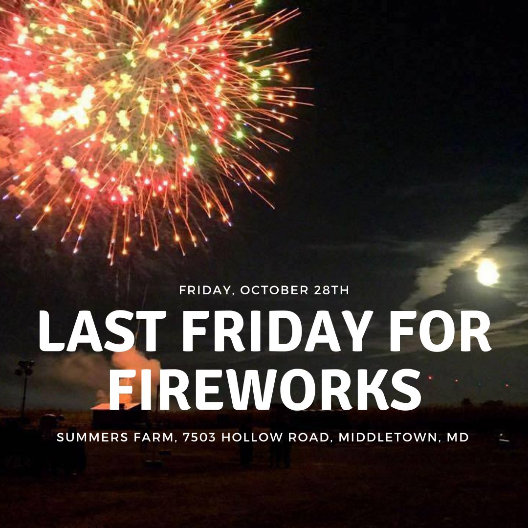 SummersFarm's tweet image. Come check out our second to last fireworks show of the season! Open today, Friday October 28th from 1pm to 9:30pm. Fireworks will begin around 7:30pm, weather permitting. We still have campfires remaining for this evening! summersfarm.com/pages/pricing-…