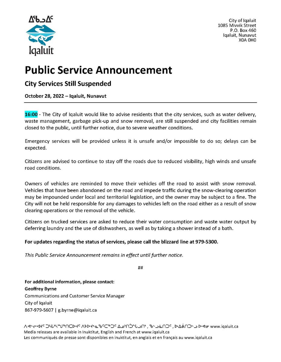 CityofIqaluit's tweet photo. Public Service Announcement
City Services Still Suspended
October 28, 2022 – Iqaluit, Nunavut https://t.co/sZTQgBmFFE