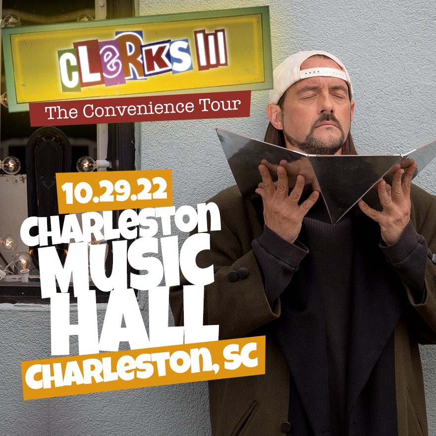 CHARLESTON! The @ClerksMovie Convenience Tour makes a quick stop in your town TOMORROW NIGHT! Come see Clerks III *with* me & stay for the Q&A after! Get tickets at ticketmaster.com/event/2D005D05…
