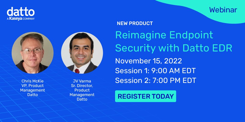 jyothishvarma's tweet photo. Many of today’s threat actors know how to bypass traditional #endpoint AV. The key to stopping these types of attacks is having an effective and easy-to-use #EDR solution. Join us on Nov. 15 to learn more about the new Datto EDR solution: https://t.co/fBaeCiotL8 #MSP https://t.co/E9Z7nlIqi6
