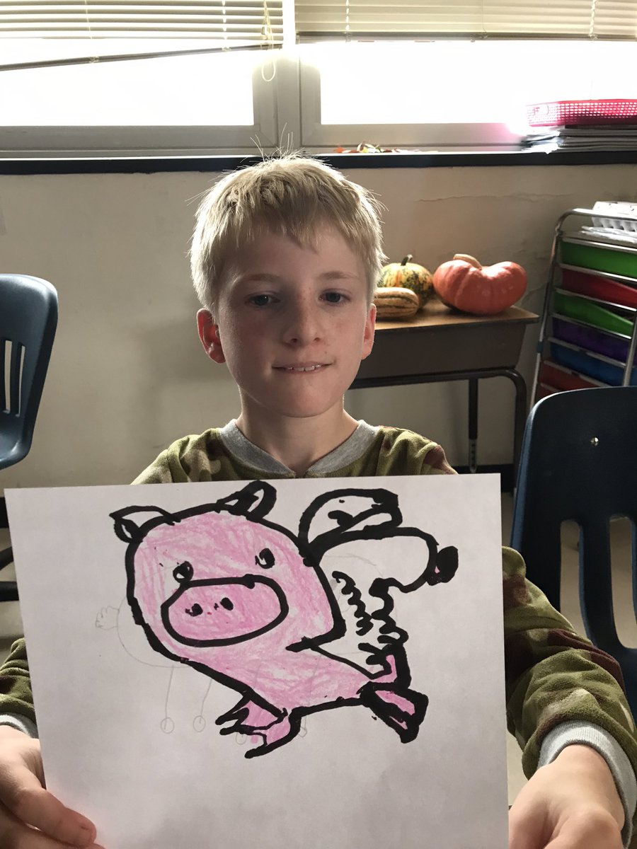 Farm Friday # 9 Pig Edition! We told jokes, shared pig facts, learned the term adynaton (extreme hyperbole that is impossible to happen) and drew a picture to represent it. (When pigs fly.) Great day with great kids! 🐽 🐷