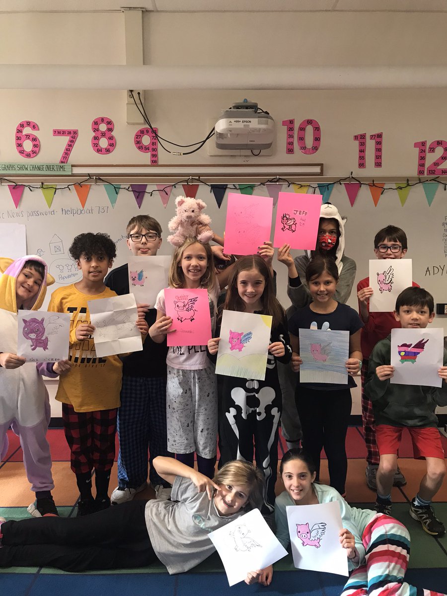 OES4thgrade's tweet photo. Farm Friday # 9 Pig Edition! We told jokes, shared pig facts, learned the term adynaton (extreme hyperbole that is impossible to happen) and drew a picture to represent it. (When pigs fly.) Great day with great kids! 🐽 🐷 https://t.co/9391E8Ri0f