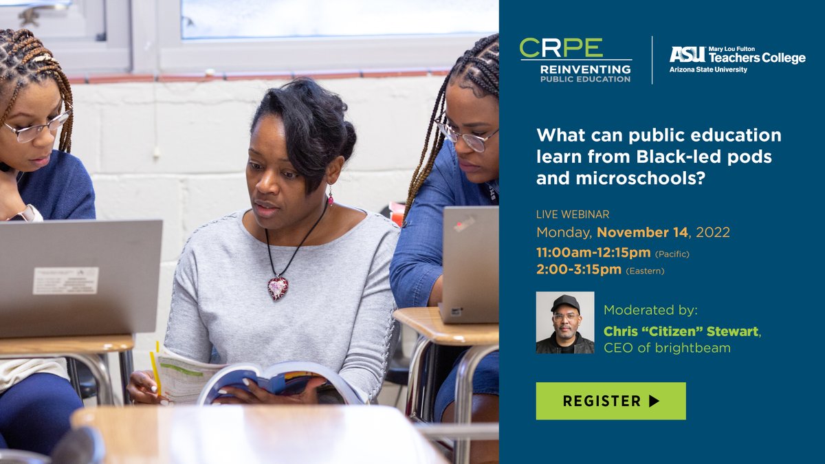 Chelsea Waite (@chelseawaite) on Twitter photo What can Black-led pods and microschools teach education systems about supporting students to learn and thrive? Join <a href="/CRPE_edu/">Center on Reinventing Public Education</a> on Nov 14th featuring <a href="/citizenstewart/">Christopher</a> <a href="/LakishaYoungCEO/">Lakisha Young</a> <a href="/ForumMothers/">Black Mothers Forum, Inc.</a> <a href="/therobsharvey/">Robert S. Harvey</a> <a href="/profm_de_r/">McKinney de Royston</a> @jdpoon: rb.gy/rv8bfs What can Black-led pods and microschools teach education systems about supporting students to learn and thrive? Join <a href="/CRPE_edu/">Center on Reinventing Public Education</a> on Nov 14th featuring <a href="/citizenstewart/">Christopher</a> <a href="/LakishaYoungCEO/">Lakisha Young</a> <a href="/ForumMothers/">Black Mothers Forum, Inc.</a> <a href="/therobsharvey/">Robert S. Harvey</a> <a href="/profm_de_r/">McKinney de Royston</a> @jdpoon: rb.gy/rv8bfs
